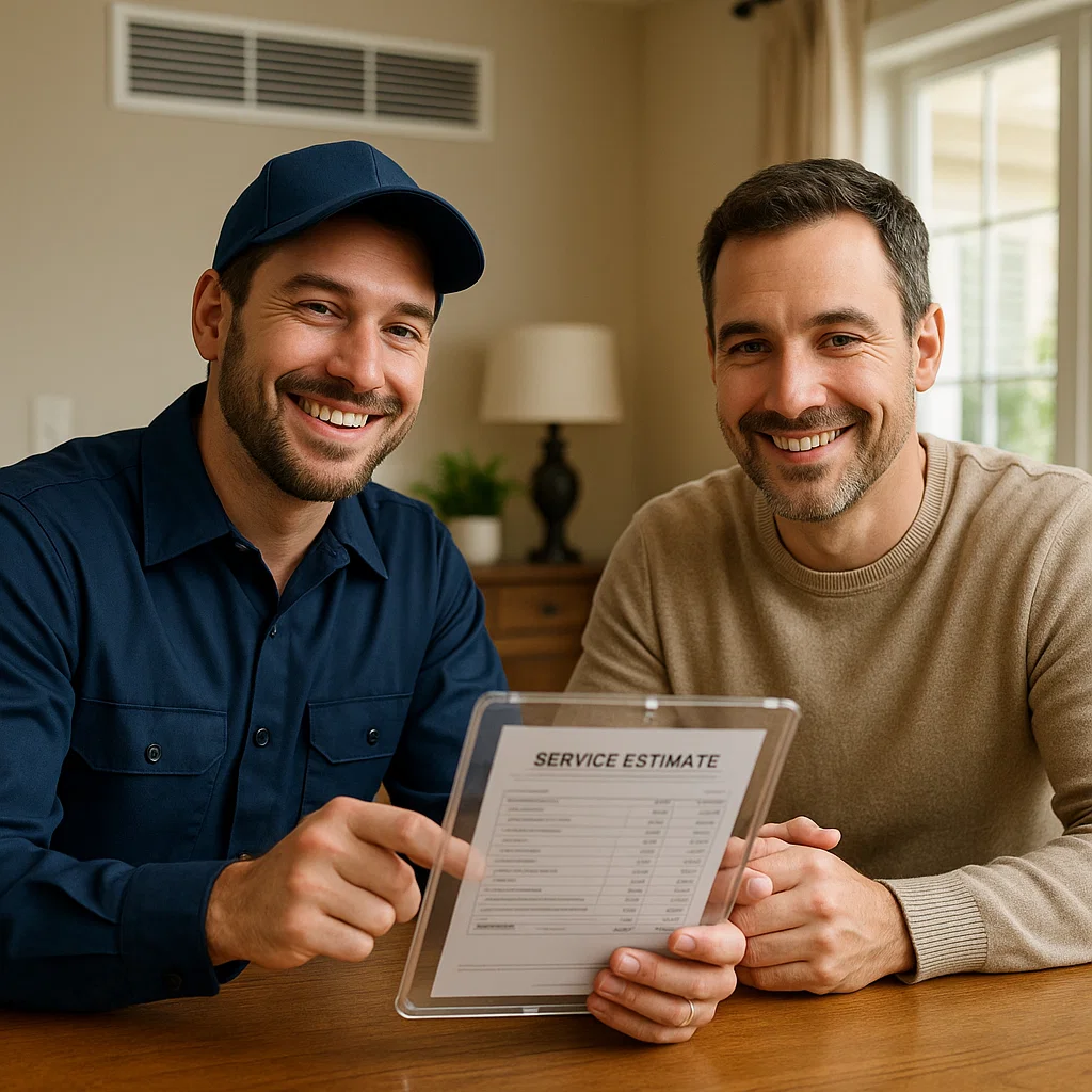 Friendly technician from Missouri City TX Air Ducts Cleaning explaining air duct maintenance to homeowner with clear upfront pricing and trusted service.