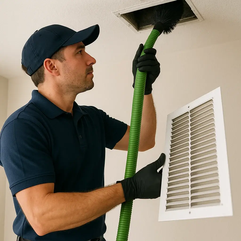 Technician cleaning air ducts and inspecting HVAC blower in Missouri City TX home to boost system efficiency and reduce energy bills.