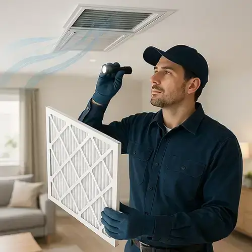 Technician disinfecting air ducts and HVAC coils in Missouri City TX home to remove mold and bacteria for cleaner, fresher air.