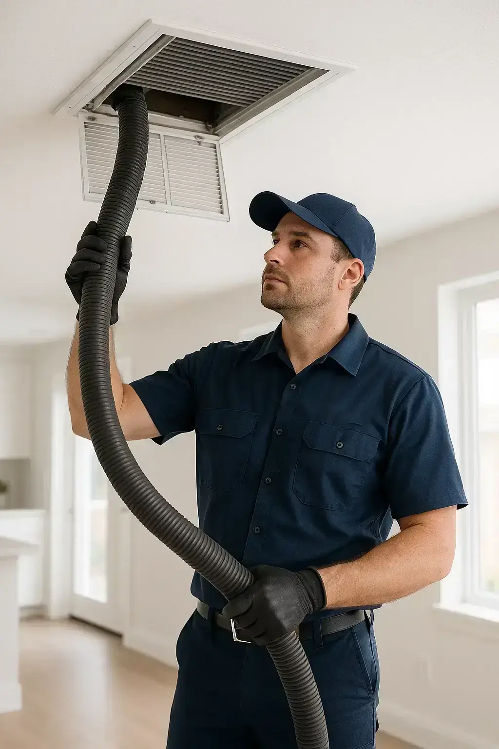 Professional Missouri City TX Air Ducts Cleaning  technician cleaning an air vent inside a bright modern home
